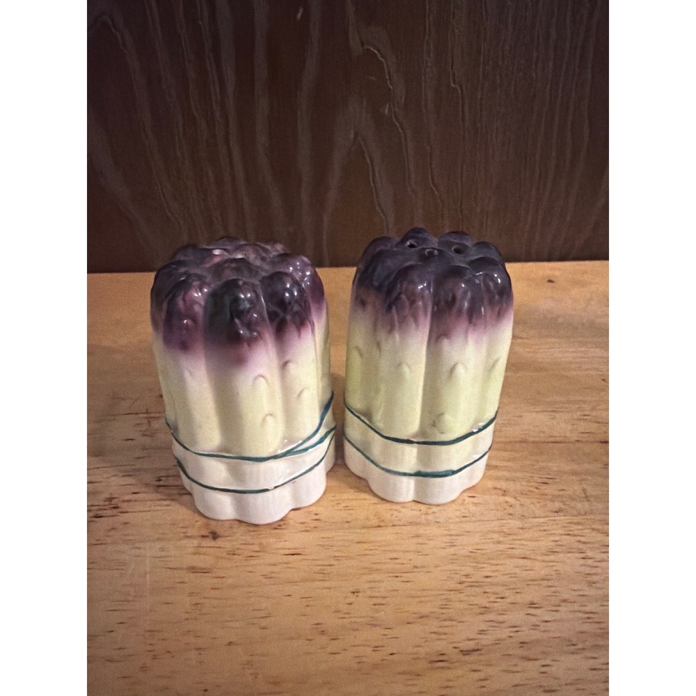 H.H Asparagus Salt and Pepper Shakers Set Purple Cream Good Hand Painted Ceramic